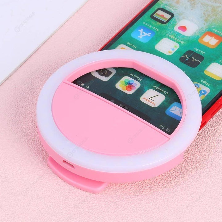 Portable Pink LED Selfie Ring Light, 3 Brightness Levels, Rechargeable
