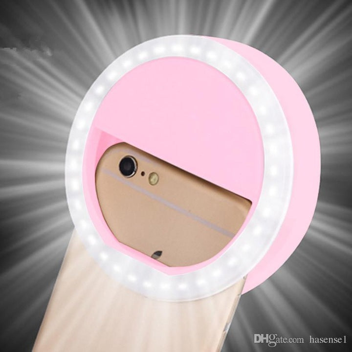 Portable Pink LED Selfie Ring Light, 3 Brightness Levels, Rechargeable
