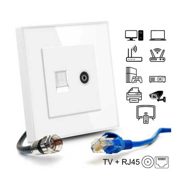 TV + Internet RJ45 Socket, Cat6, Tempered Glass Frame, Classlights, White