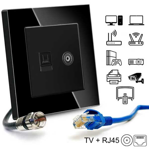 TV + Internet RJ45 Socket, Cat6, Tempered Glass Frame, Classlights, Black