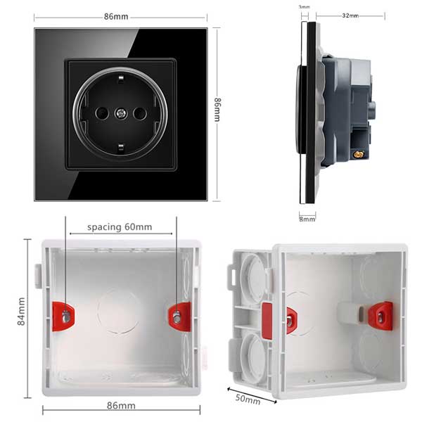 Socket with tempered glass frame Classlights, 16A, Black