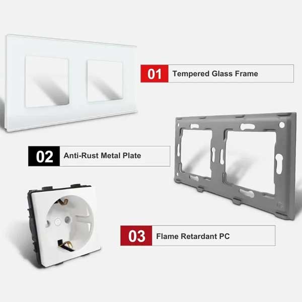 Classlights Double Socket with Tempered Glass Frame, 16A, White