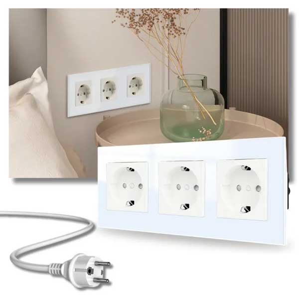 Triple socket with Classlights tempered glass frame, 16A, White