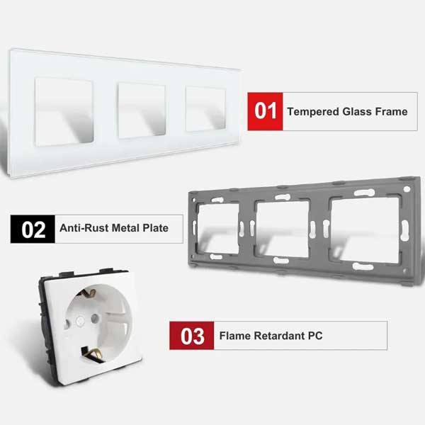 Triple socket with Classlights tempered glass frame, 16A, White
