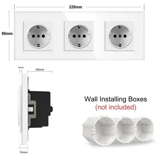 Triple socket with Classlights tempered glass frame, 16A, White