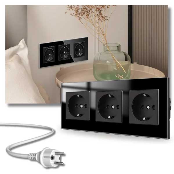 Triple socket with Classlights tempered glass frame, 16A, Black