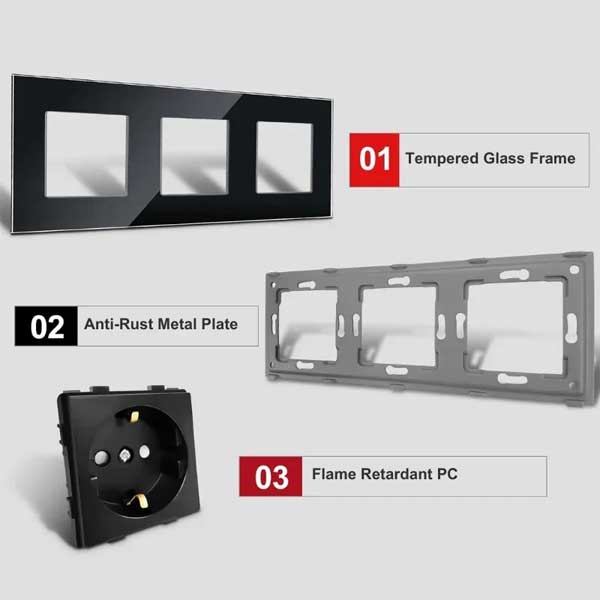 Triple socket with Classlights tempered glass frame, 16A, Black