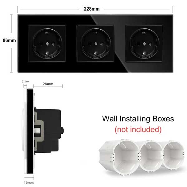 Triple socket with Classlights tempered glass frame, 16A, Black