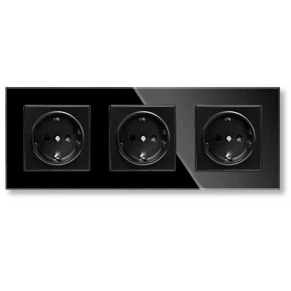 Triple socket with Classlights tempered glass frame, 16A, Black