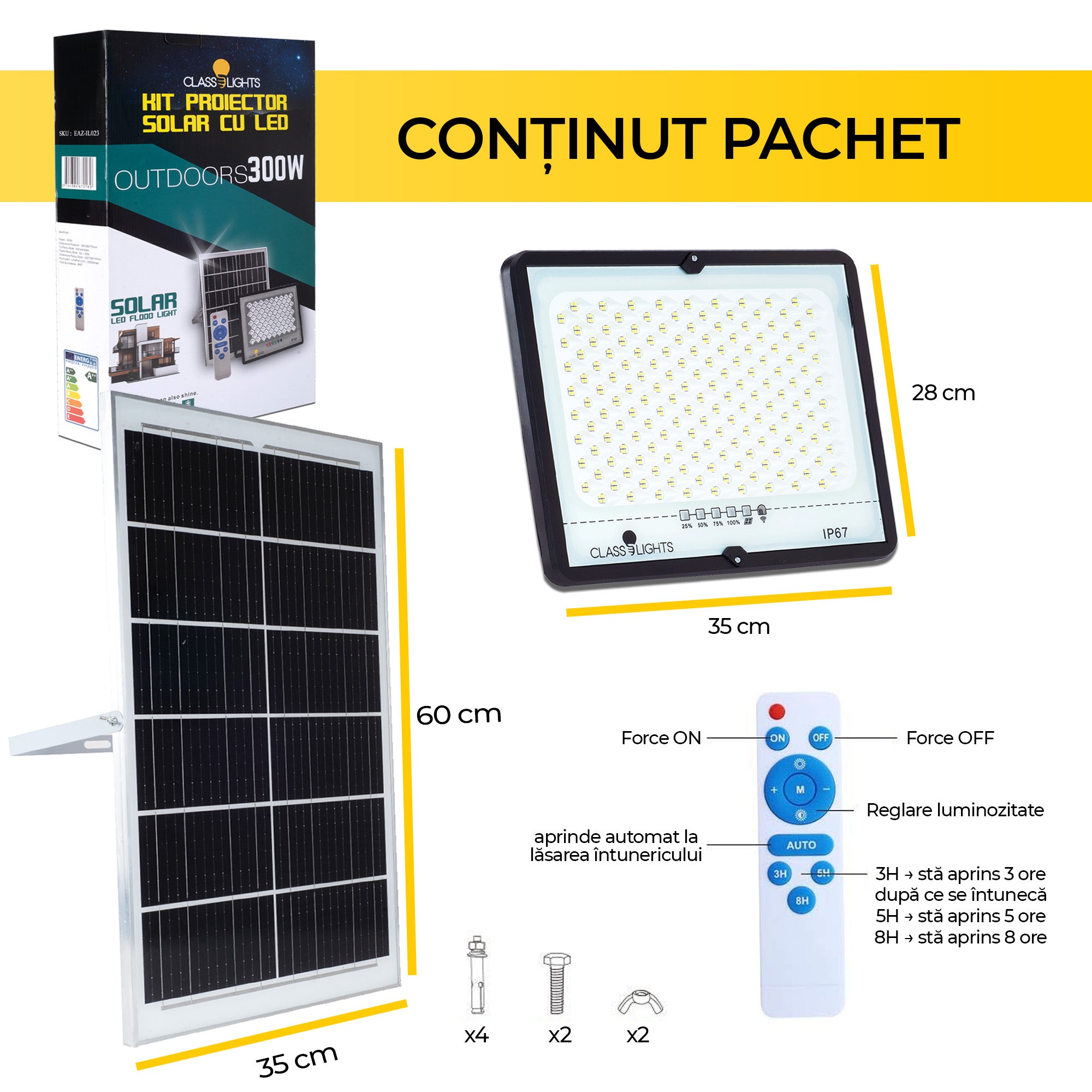 300W Solar LED Projector, Complete Kit, IP67, ElectroAZ