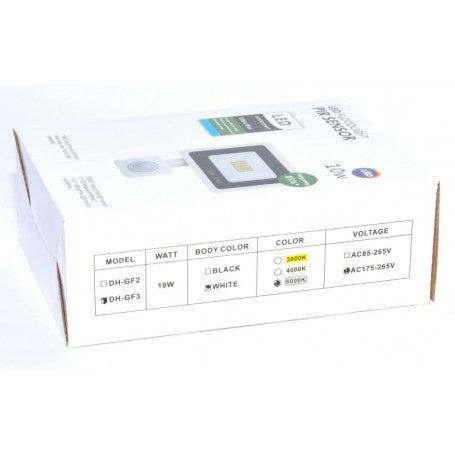 Cutie proiector LED 10W alb, 6000K, tensiune 175-265V, eticheta specificatii tehnice laterala