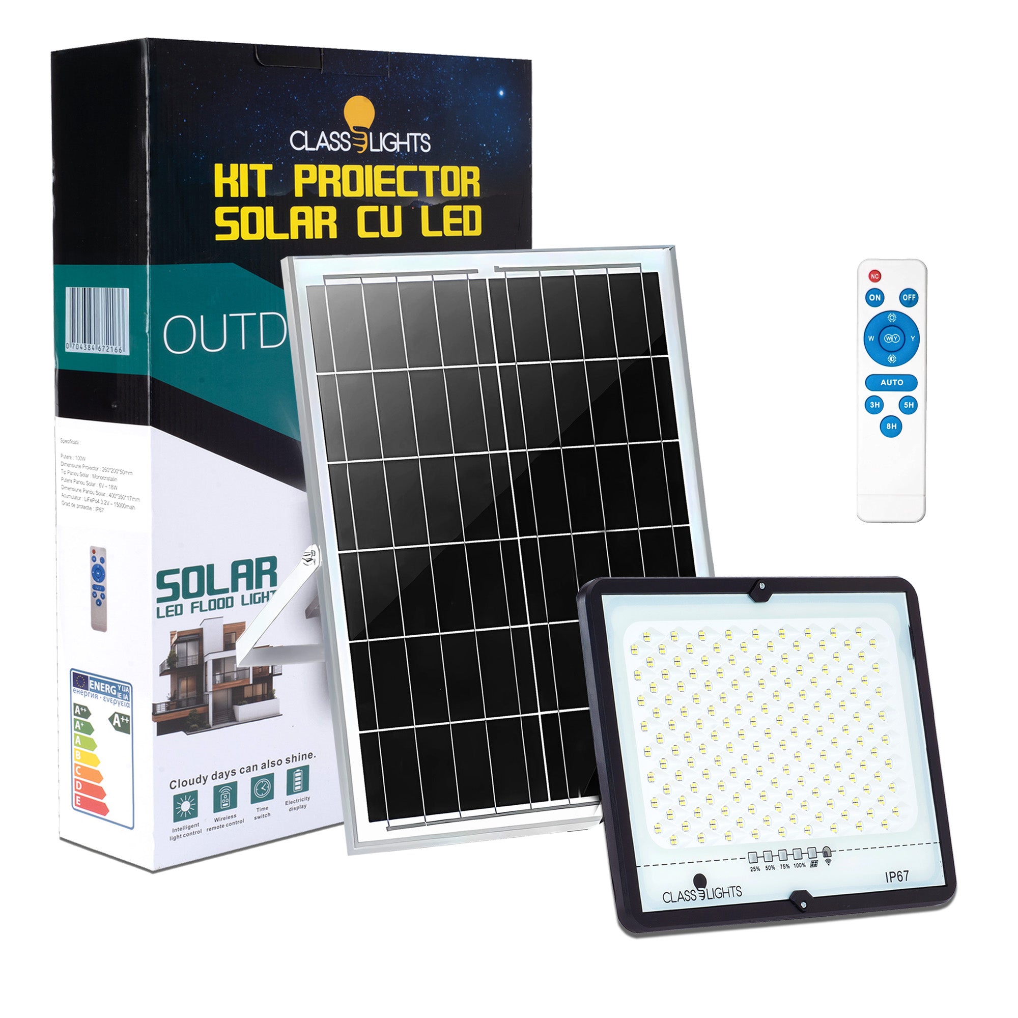 100W Solar LED Projector, Complete Kit, IP67, ElectroAZ