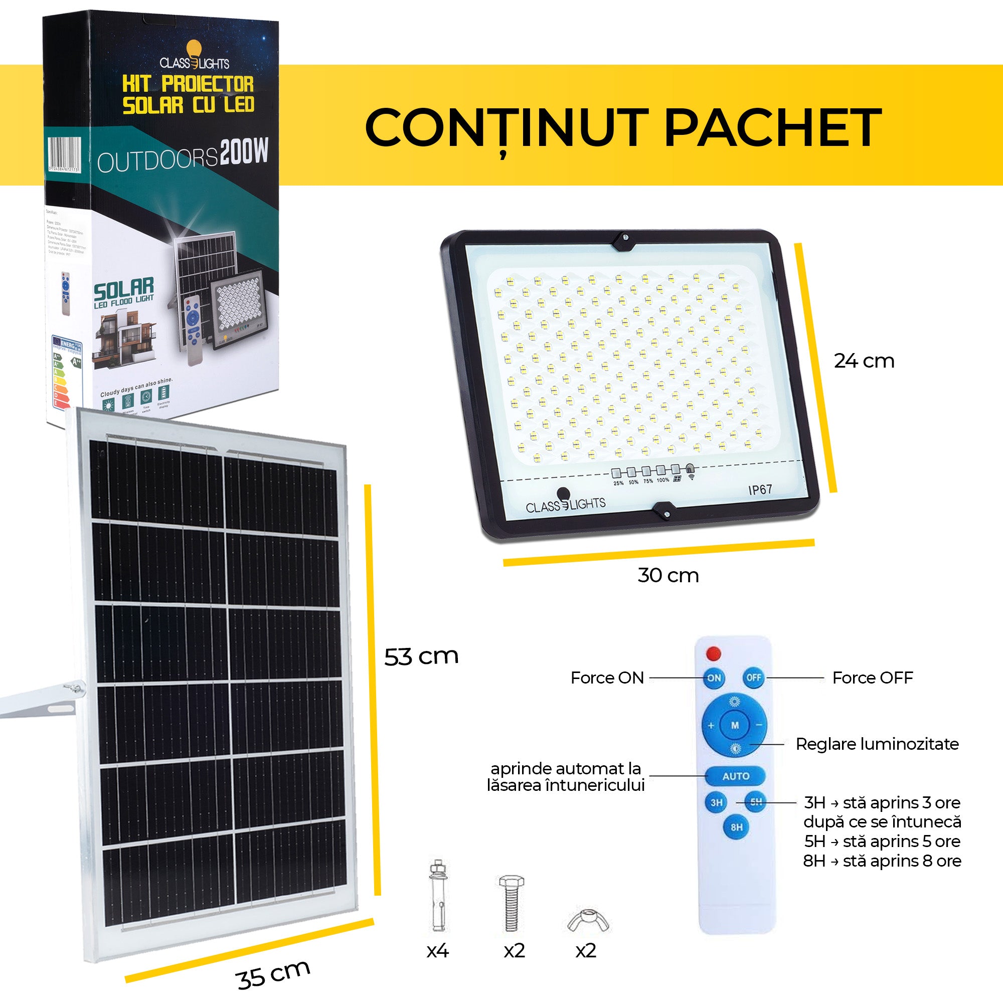200W Solar LED Floodlight, Complete Kit, IP67, ElectroAZ