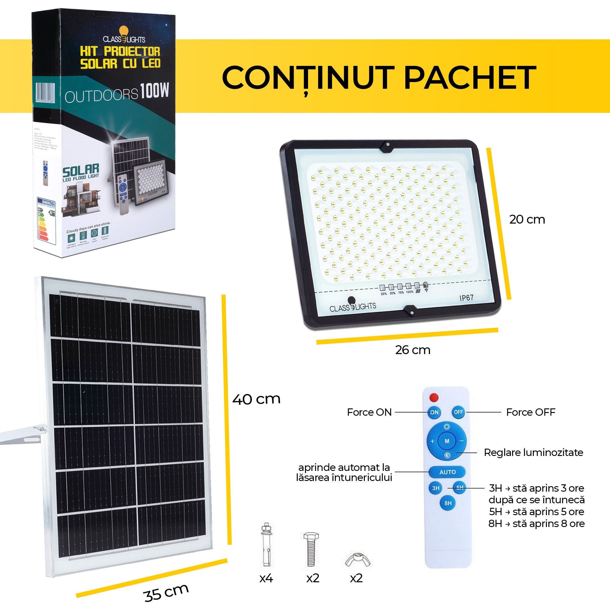 100W Solar LED Projector, Complete Kit, IP67, ElectroAZ