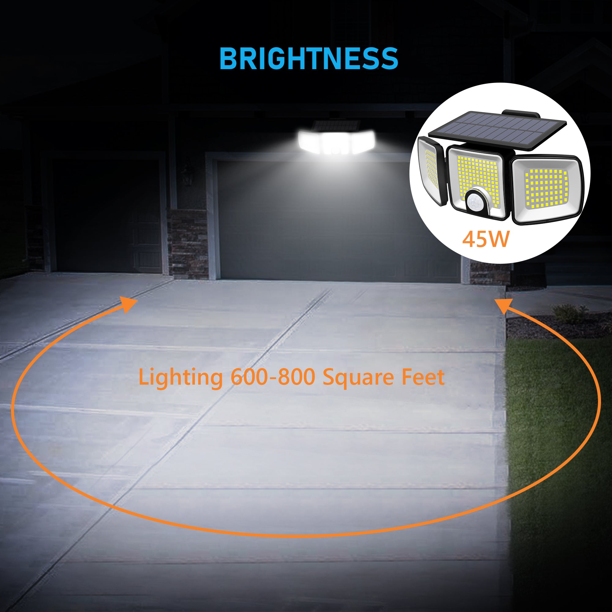 45W LED Solar Spotlight with 3 Adjustable Heads and Motion Sensor ClassLights, 223 LEDs