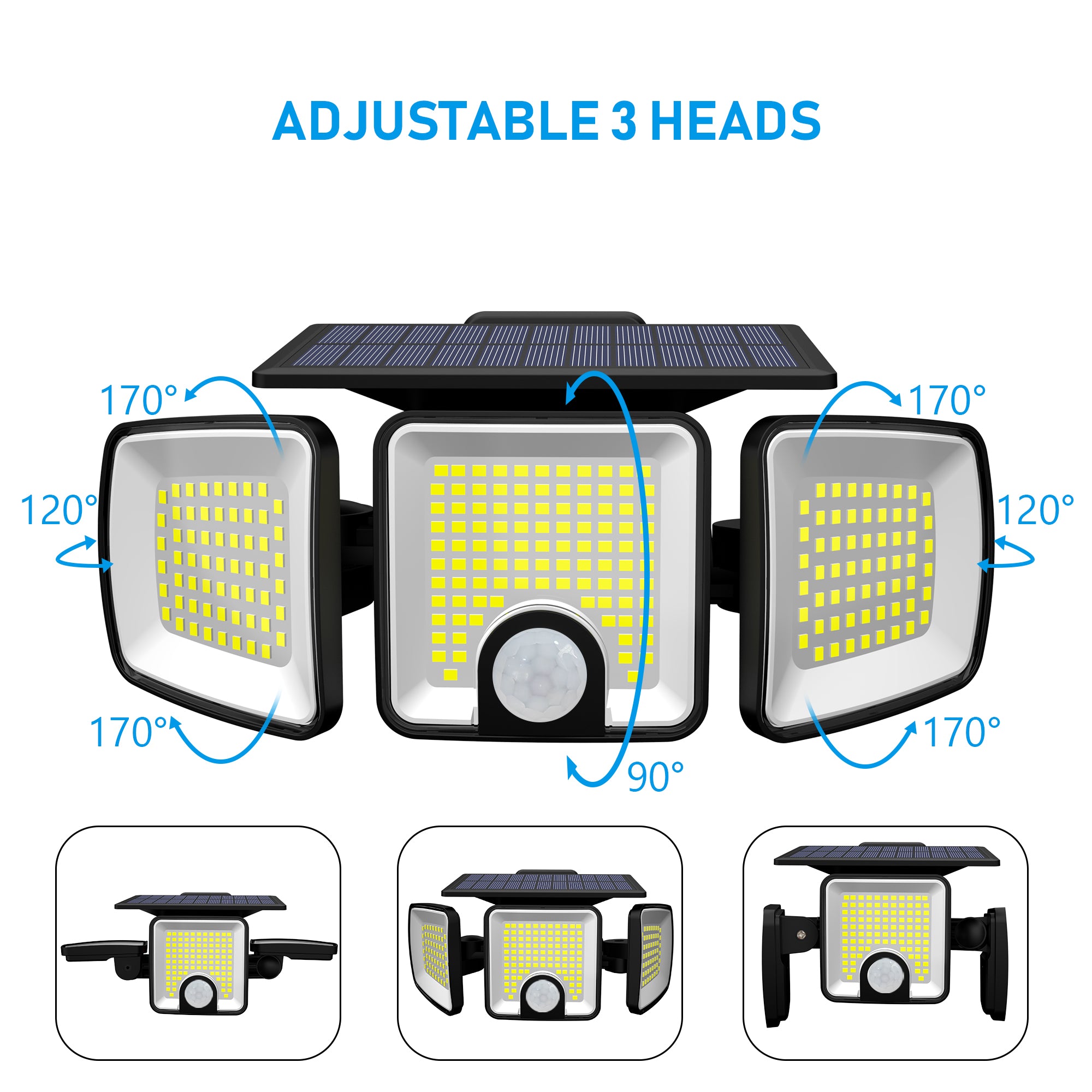 45W LED Solar Spotlight with 3 Adjustable Heads and Motion Sensor ClassLights, 223 LEDs