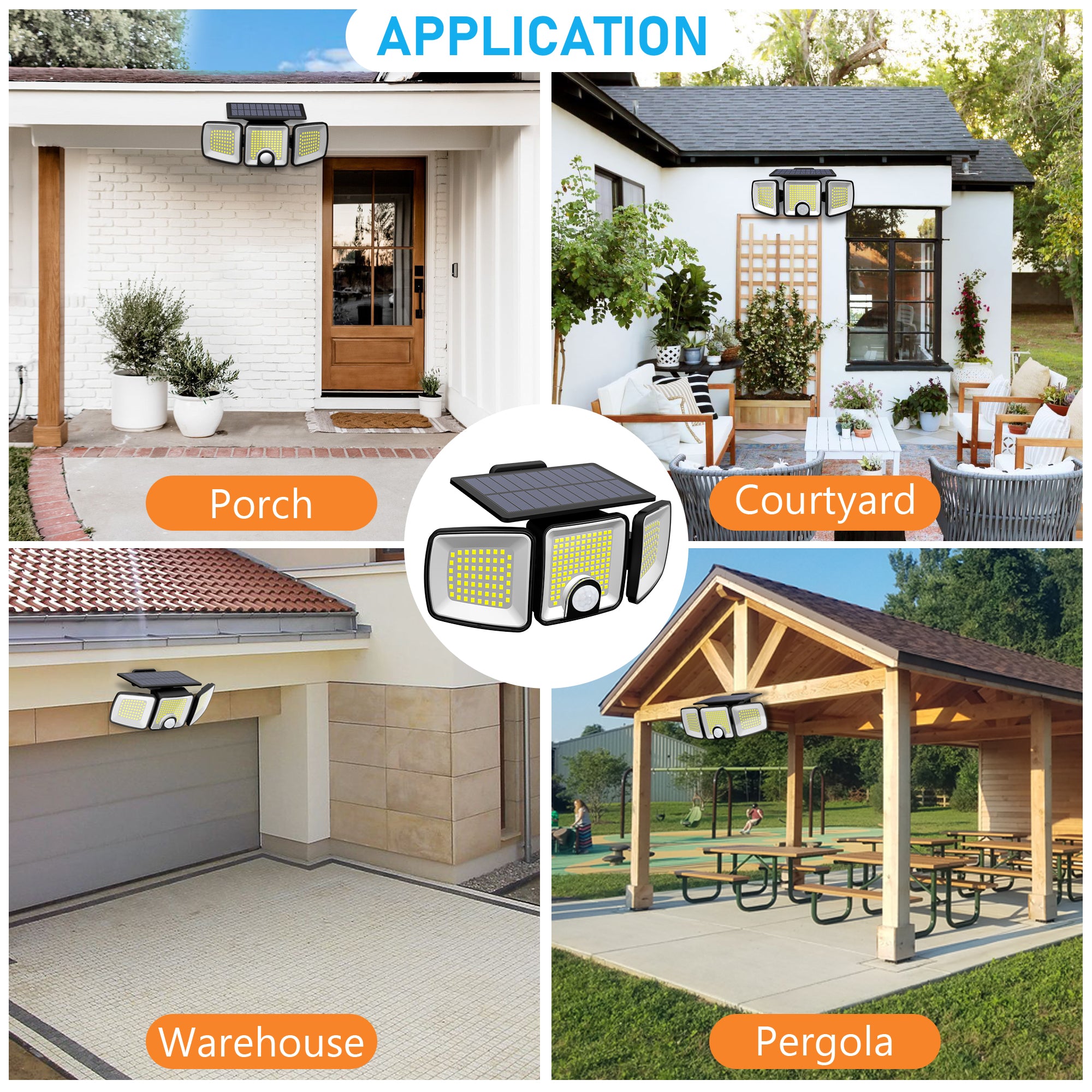 45W LED Solar Spotlight with 3 Adjustable Heads and Motion Sensor ClassLights, 223 LEDs