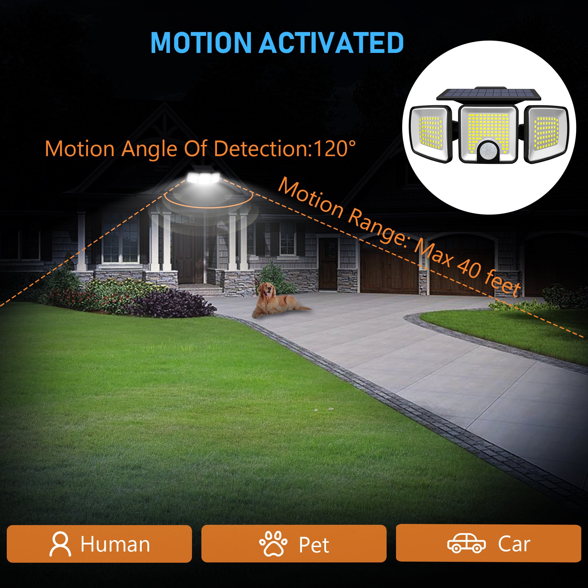 45W LED Solar Spotlight with 3 Adjustable Heads and Motion Sensor ClassLights, 223 LEDs