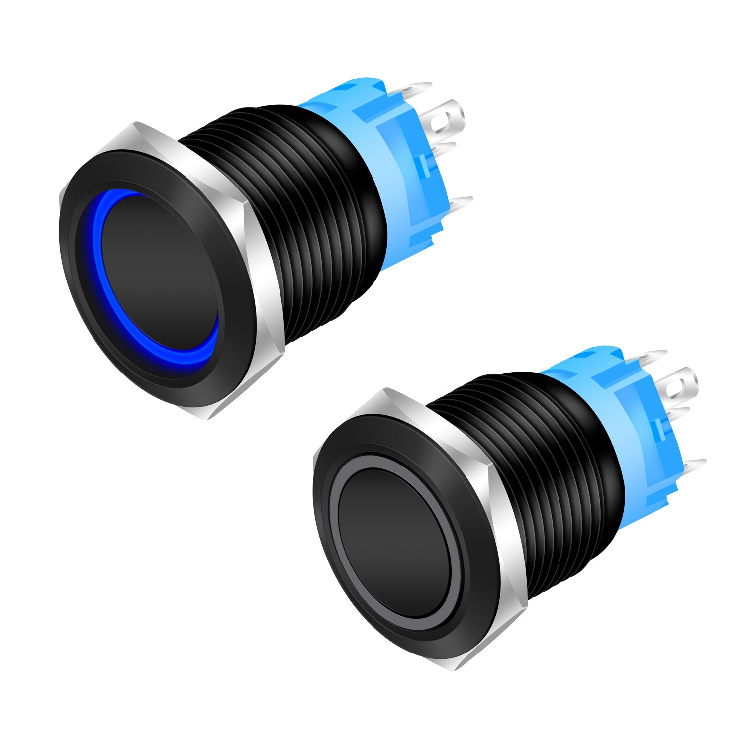19mm Black Push Button with Latch and Blue LED, ElectroAZ