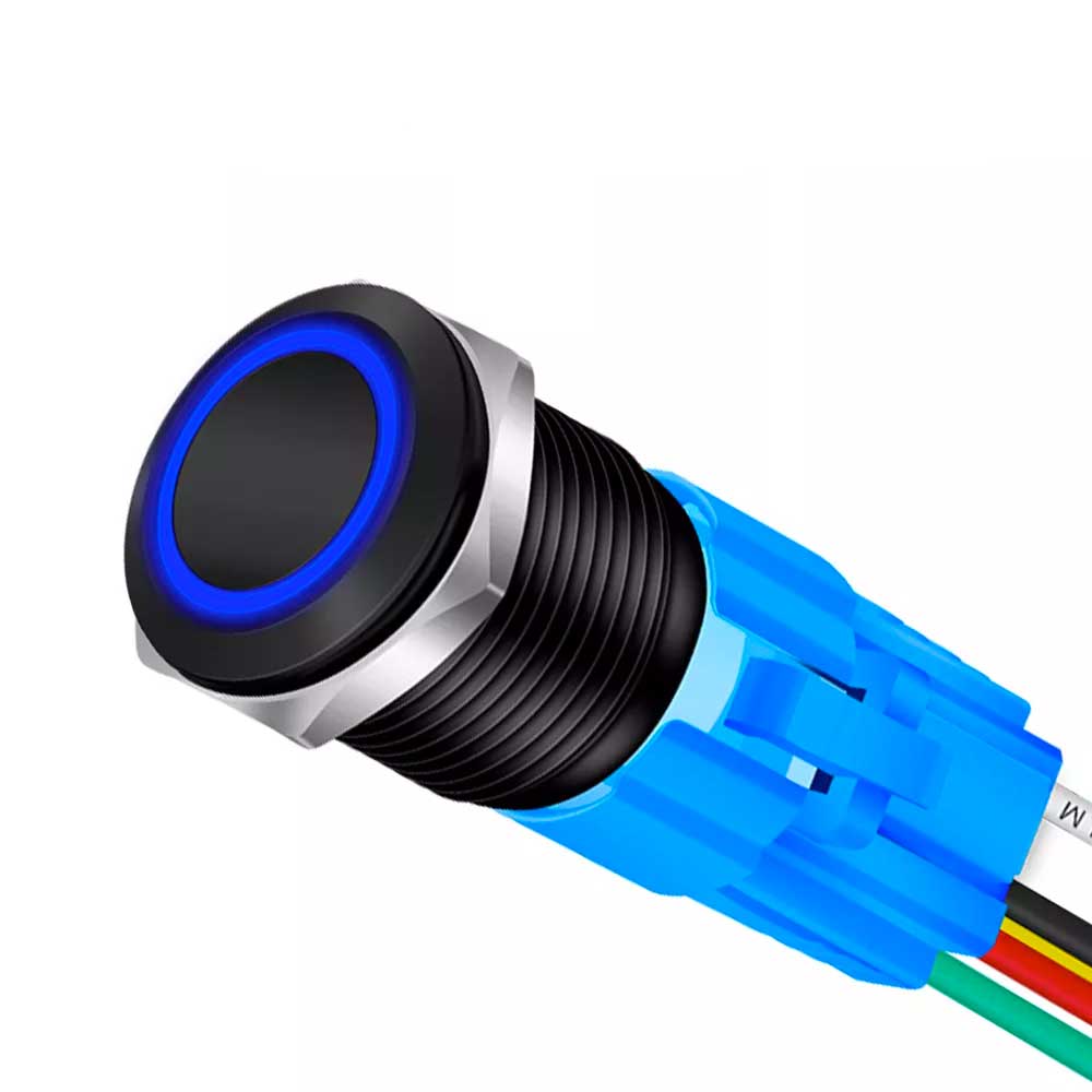 19mm Black Push Button with Latch and Blue LED, ElectroAZ