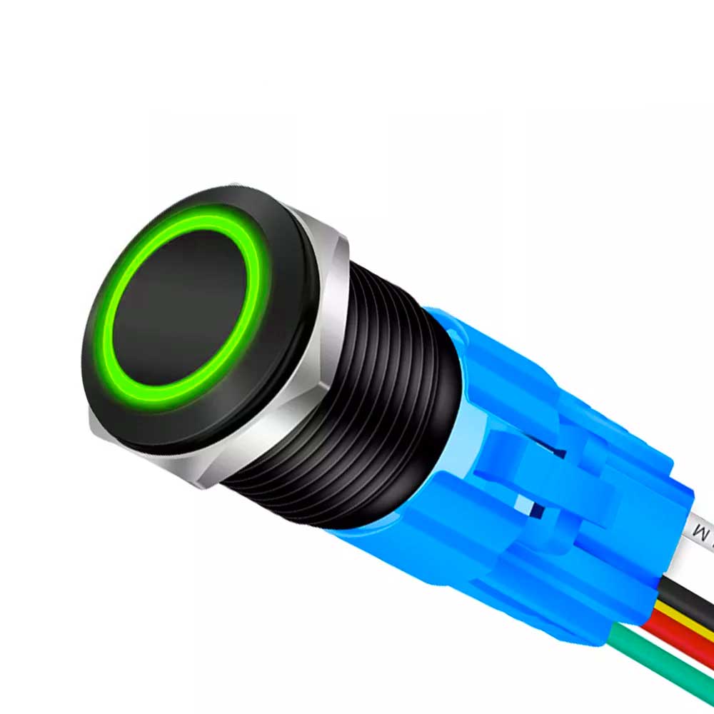 Black 19mm Latching Push Button with Green LED, ElectroAZ