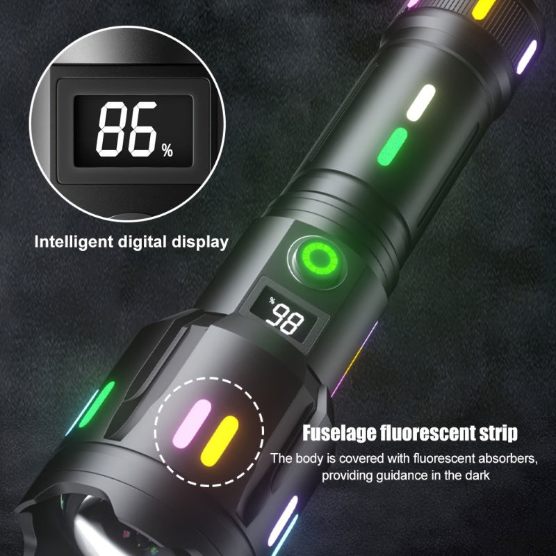 P50 LED Flashlight, 2000 Lumens, USB-C Rechargeable, Telescopic Zoom, Aluminum Body and Smart Digital Display