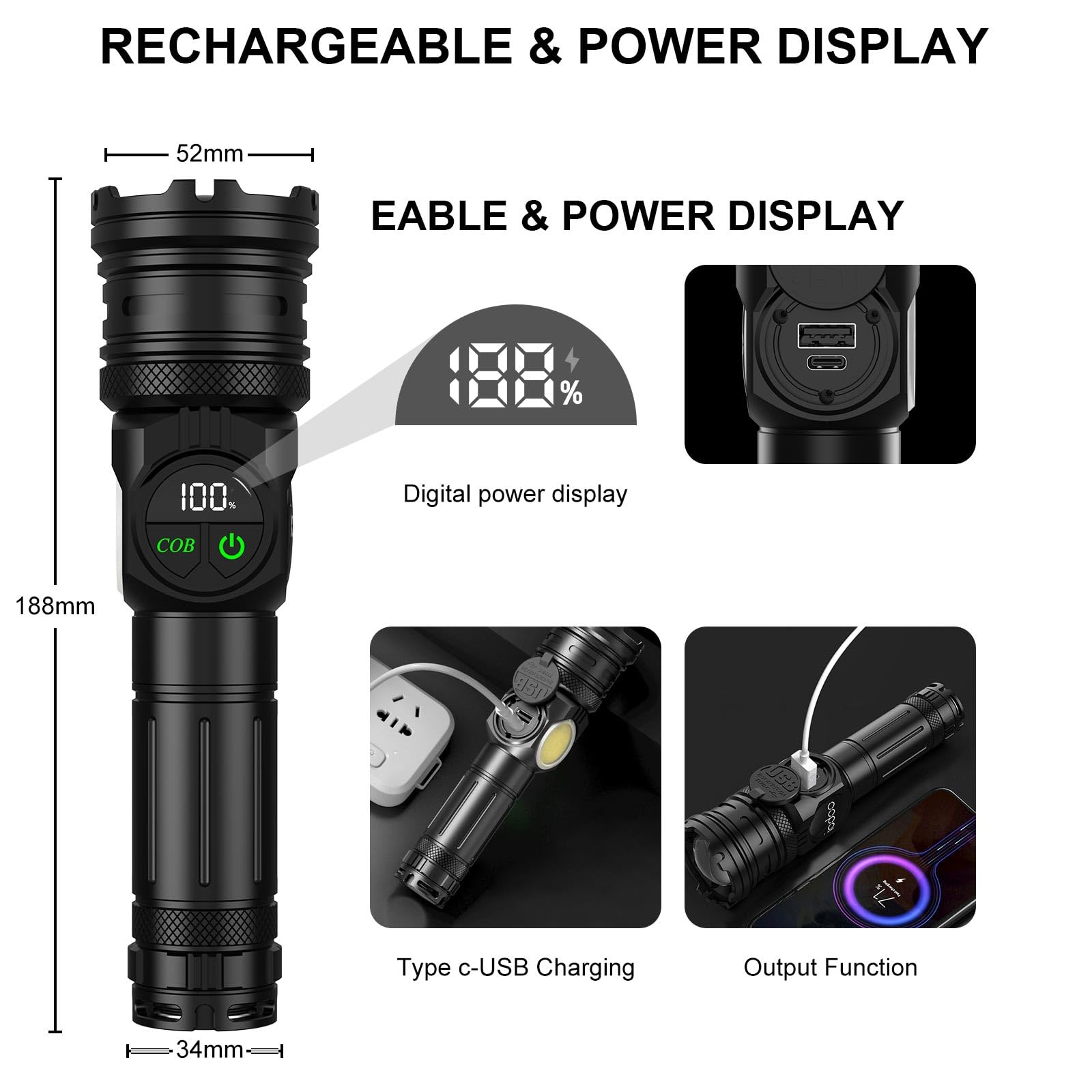 Professional LED XHP Tactical Flashlight, 6000 Lumens, Telescopic Zoom, Battery Included, Fixing Magnet