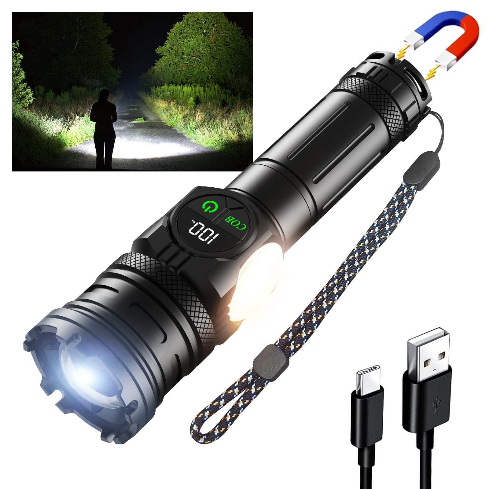 Professional LED XHP Tactical Flashlight, 6000 Lumens, Telescopic Zoom, Battery Included, Fixing Magnet