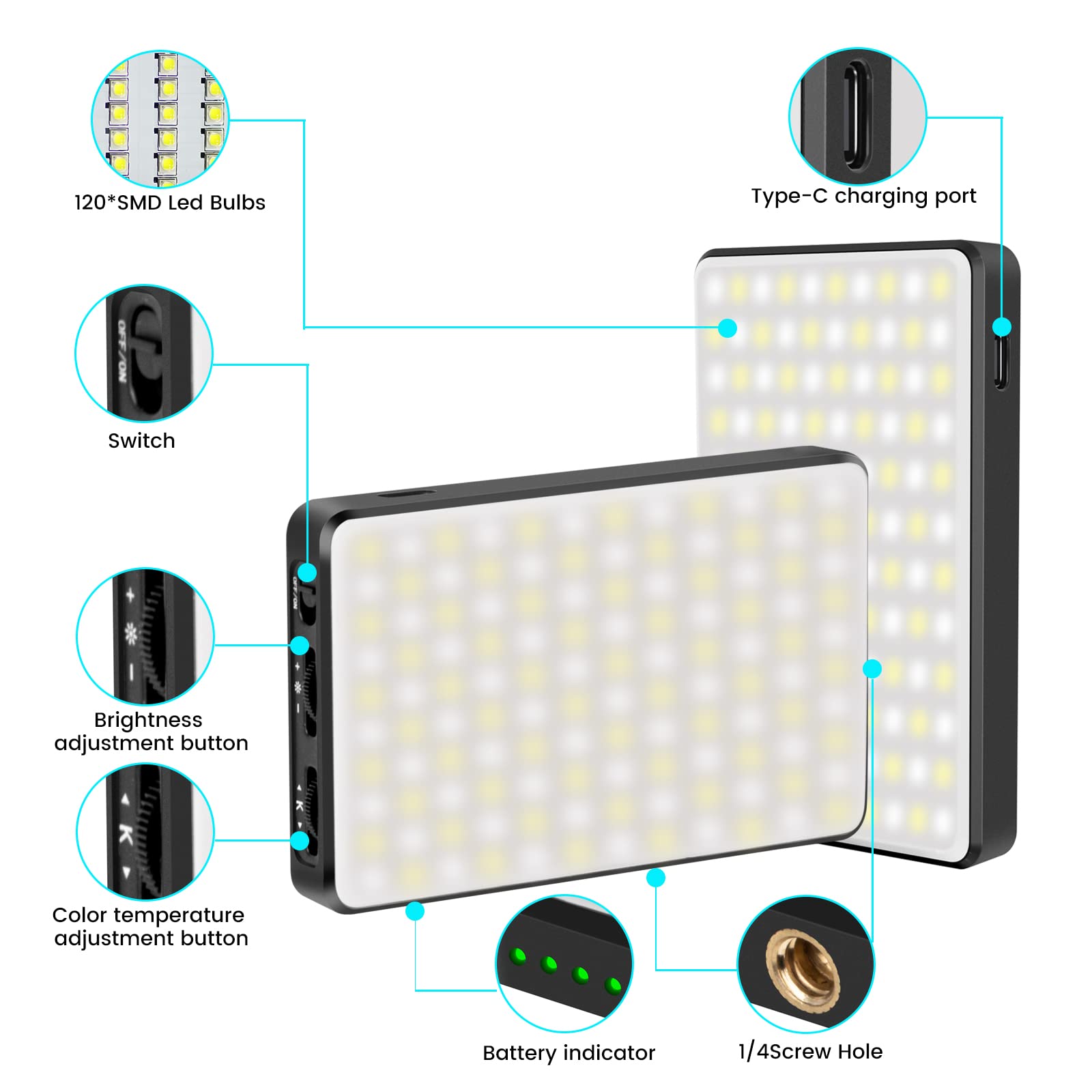 LED Video Conference and Vlog Light, Portable, 3000mAh Battery, 2500K-9000K, 120 LEDs, CRI 95+