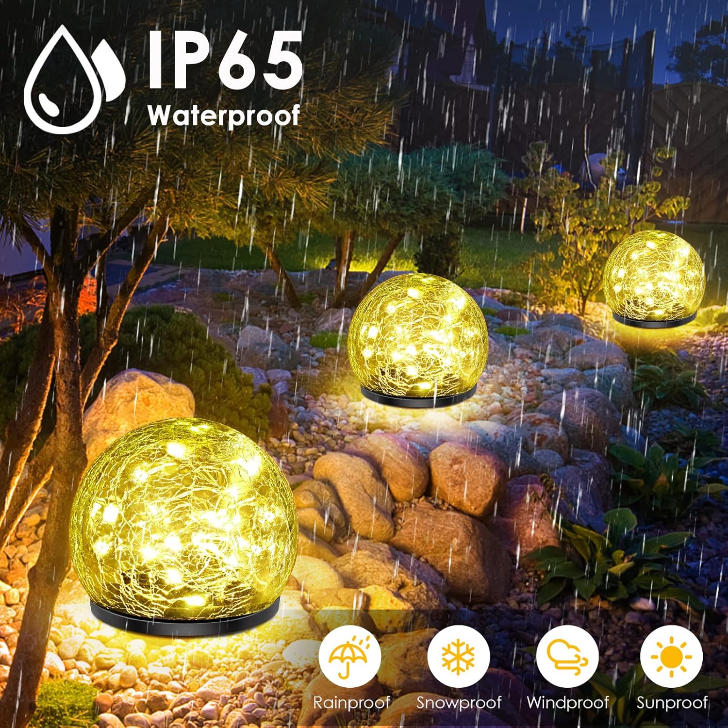 Solar Cracked Glass Ball Lamp, Warm White Light, IP65 Waterproof, Garden and Patio Decoration