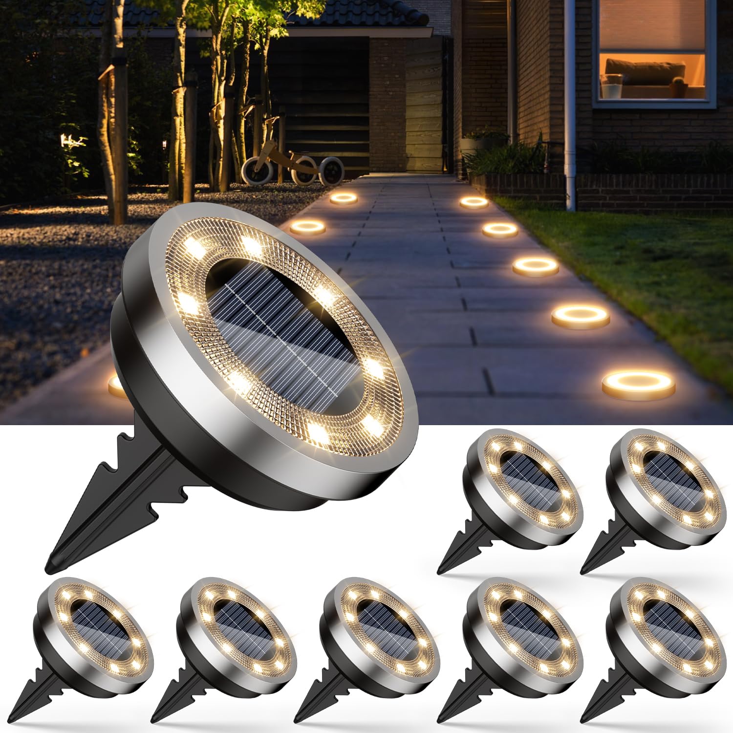Set of 8 Solar Disc Lights, 8 SMD LEDs, Neutral White Light