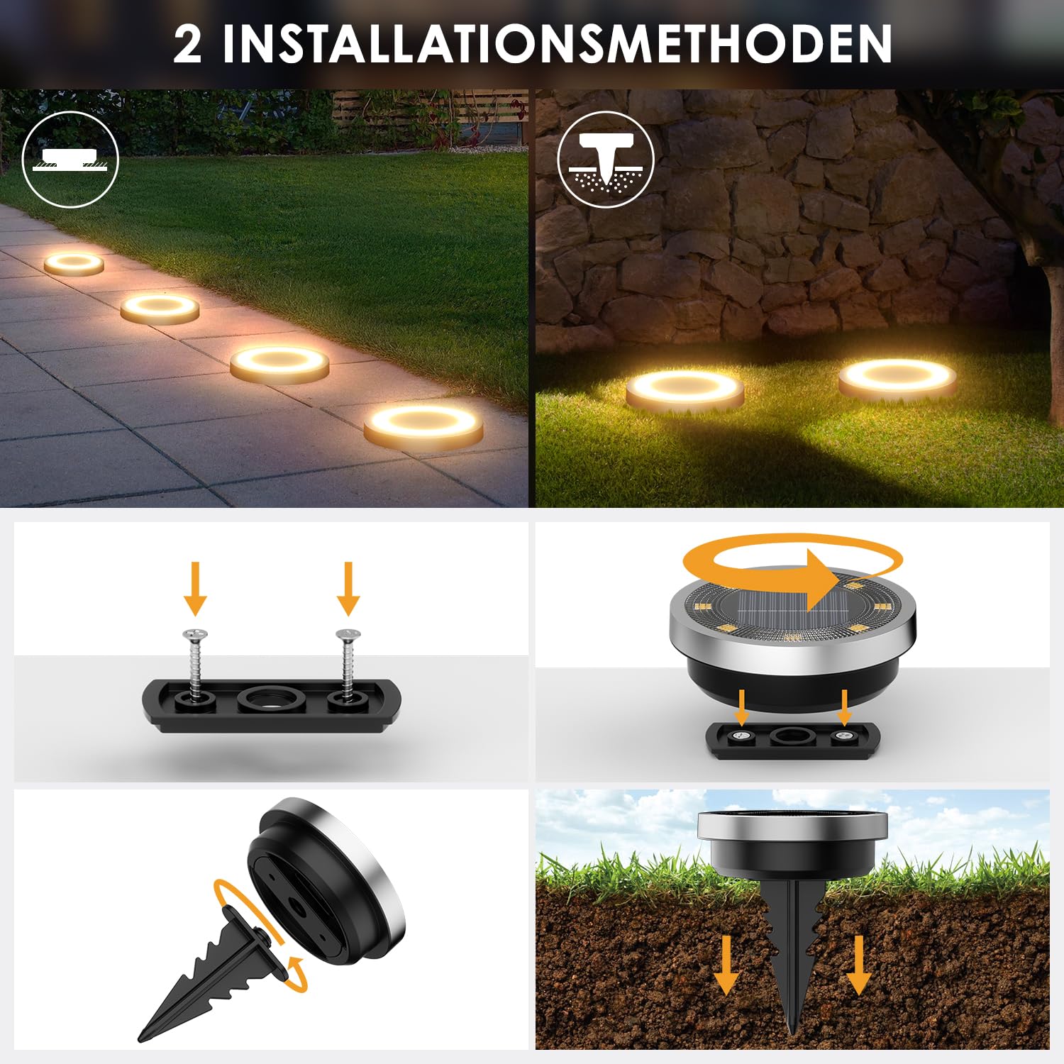 Set of 8 Solar Disc Lights, 8 SMD LEDs, Neutral White Light