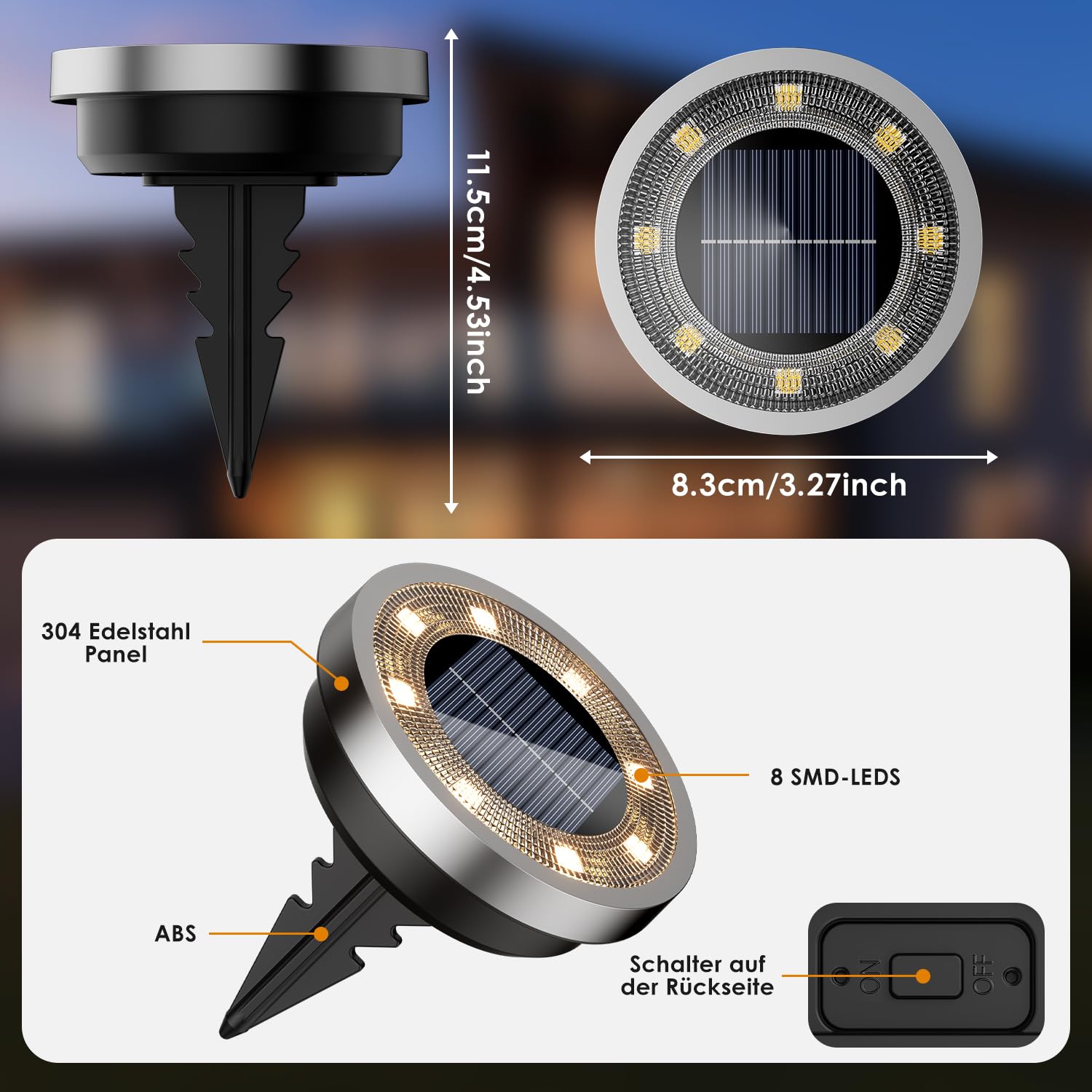 Set of 8 Solar Disc Lights, 8 SMD LEDs, Neutral White Light
