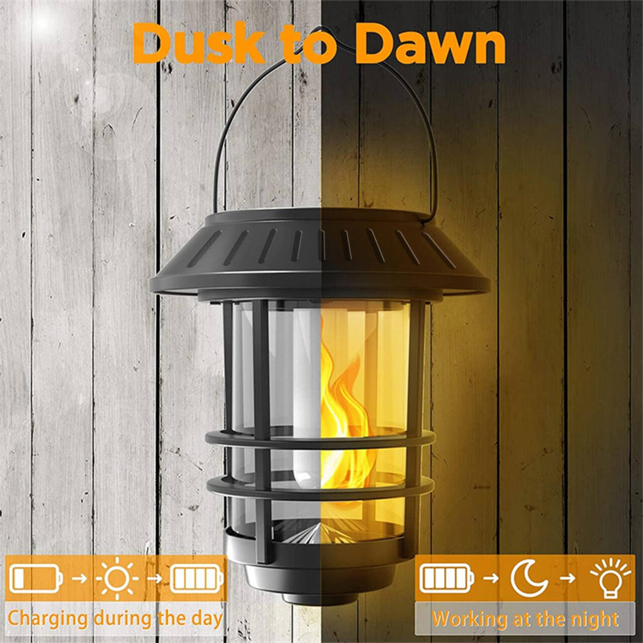 Set of 2 Outdoor Solar Lamps with Realistic Flame Effect, Elegant Retro Design, IP65 Protection, Black