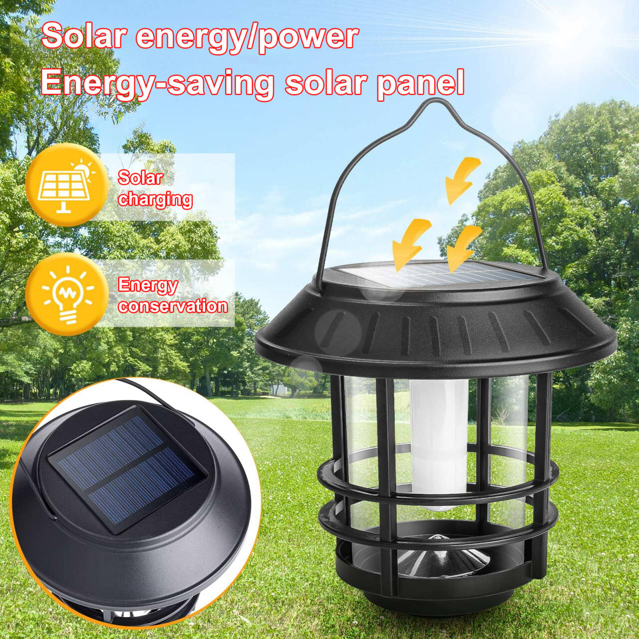 Set of 2 Outdoor Solar Lamps with Realistic Flame Effect, Elegant Retro Design, IP65 Protection, Black