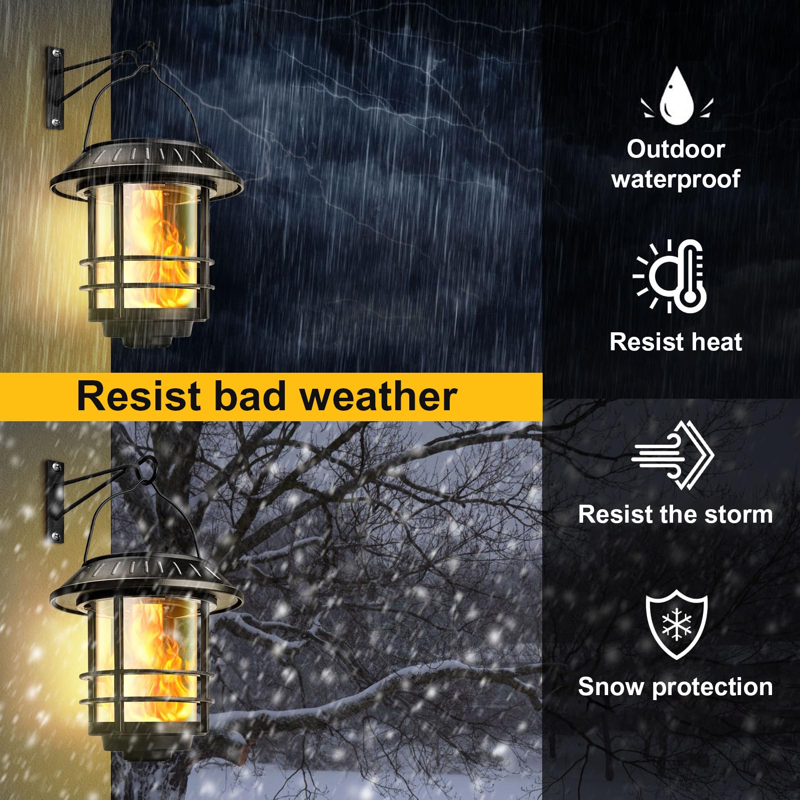 Set of 2 Outdoor Solar Lamps with Realistic Flame Effect, Elegant Retro Design, IP65 Protection, Black