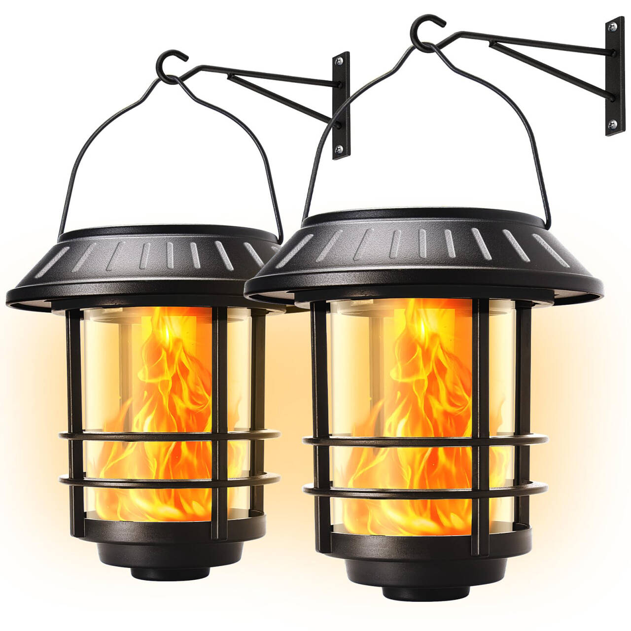 Set of 2 Outdoor Solar Lamps with Realistic Flame Effect, Elegant Retro Design, IP65 Protection, Black