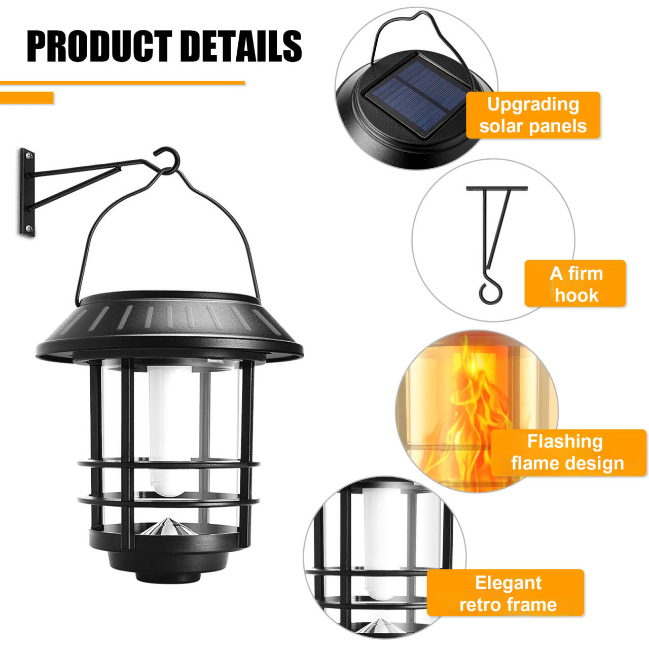 Set of 2 Outdoor Solar Lamps with Realistic Flame Effect, Elegant Retro Design, IP65 Protection, Black
