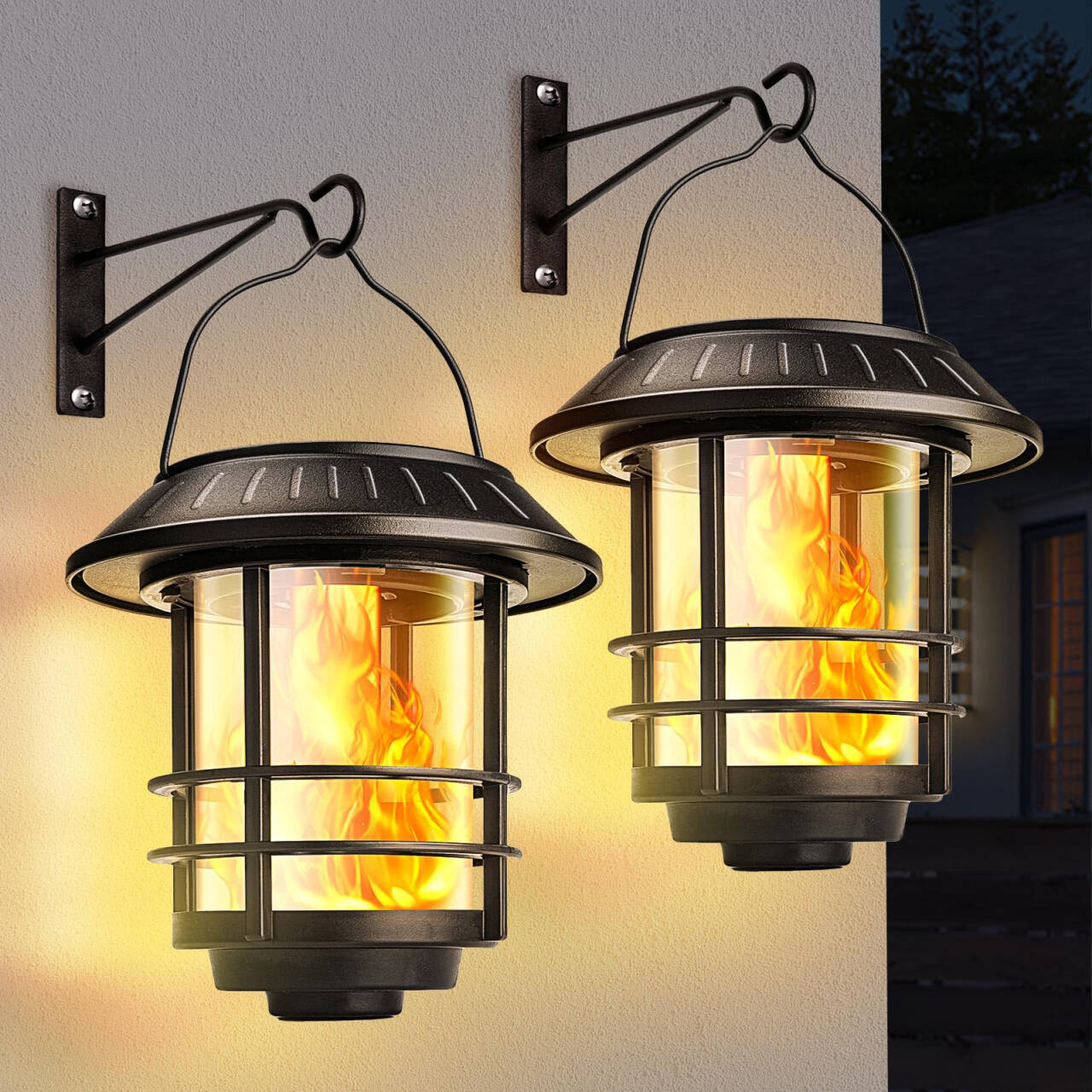 Set of 2 Outdoor Solar Lamps with Realistic Flame Effect, Elegant Retro Design, IP65 Protection, Black