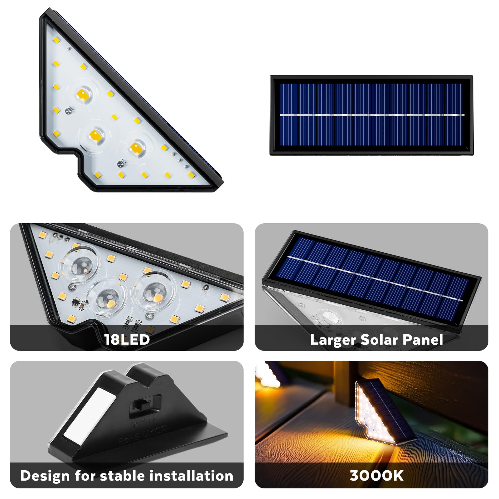 Set of 6 Triangular Solar LED Lights, White Light, Outdoor, IP65 Protection