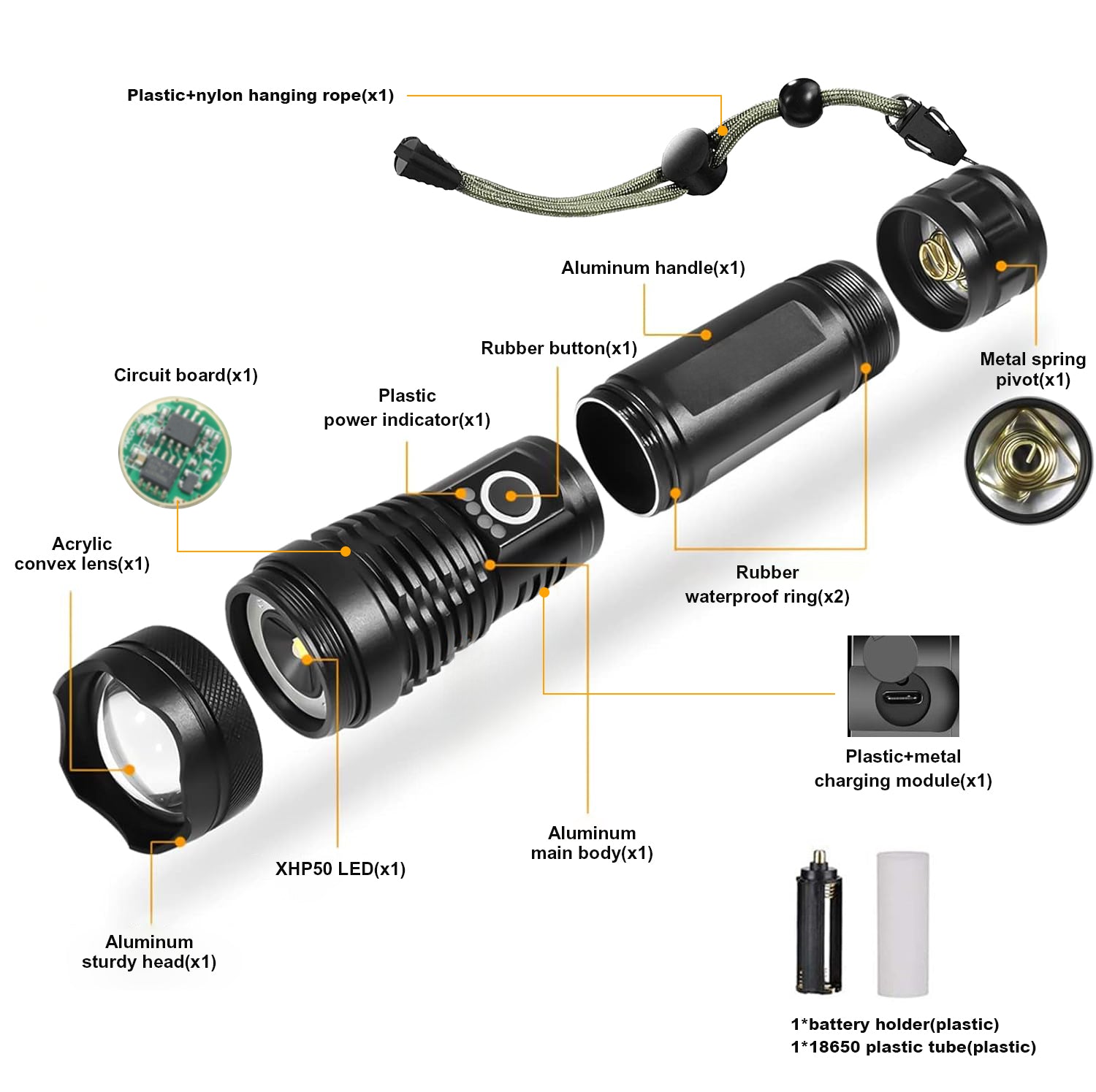 Professional XH71 P50 Flashlight, 2000 Lumens, Zoom, USB, Battery Included