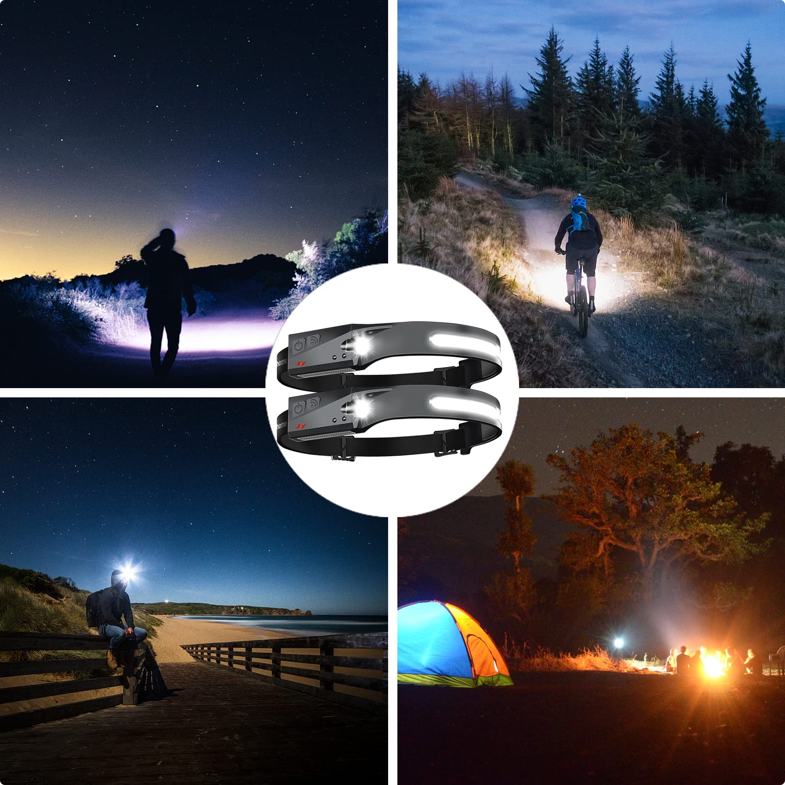 LED COB Headlamp with Motion Sensor, 6 Lighting Modes, 350 Lumens, 230° Wide Angle, USB Rechargeable, Adjustable Elastic Headband
