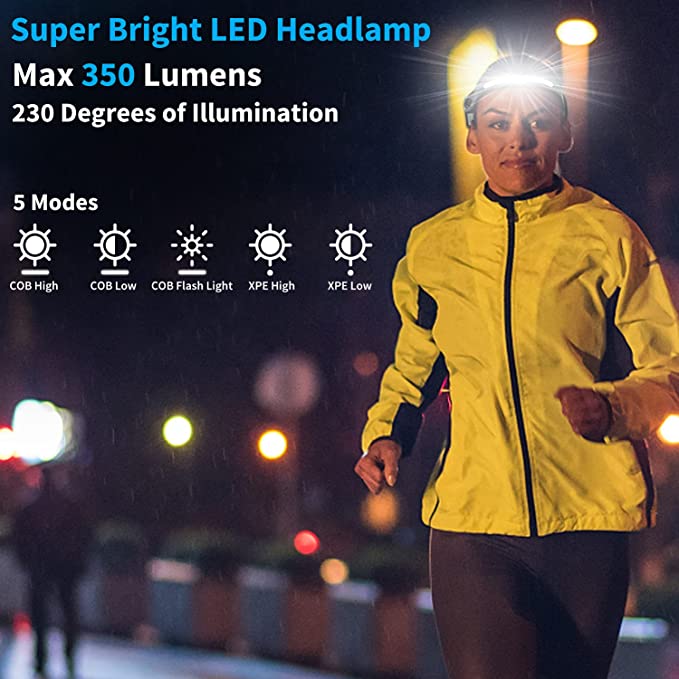 LED COB Headlamp with Motion Sensor, 6 Lighting Modes, 350 Lumens, 230° Wide Angle, USB Rechargeable, Adjustable Elastic Headband