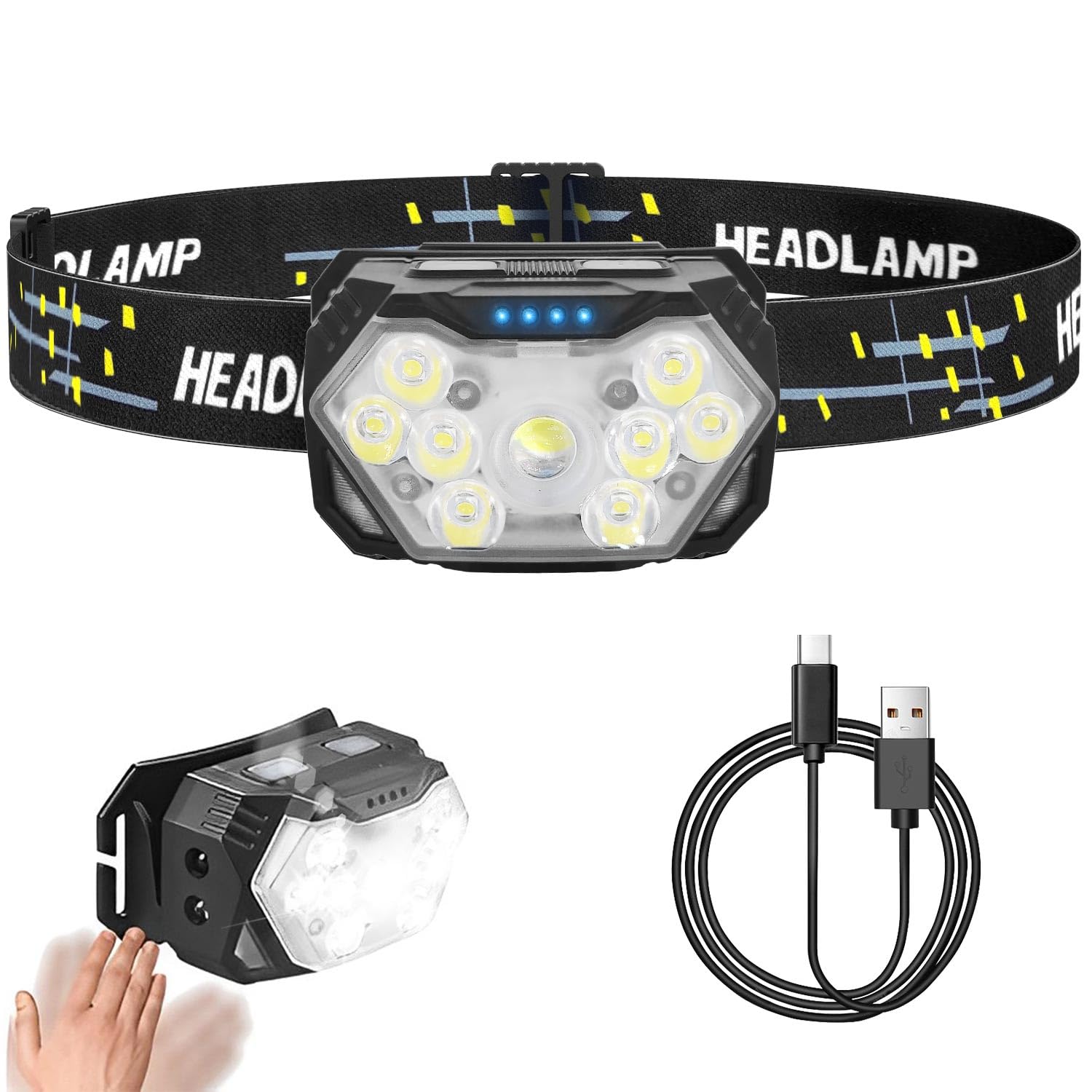 LED Headlamp 2000 Lumens, Motion Sensor, USB-C