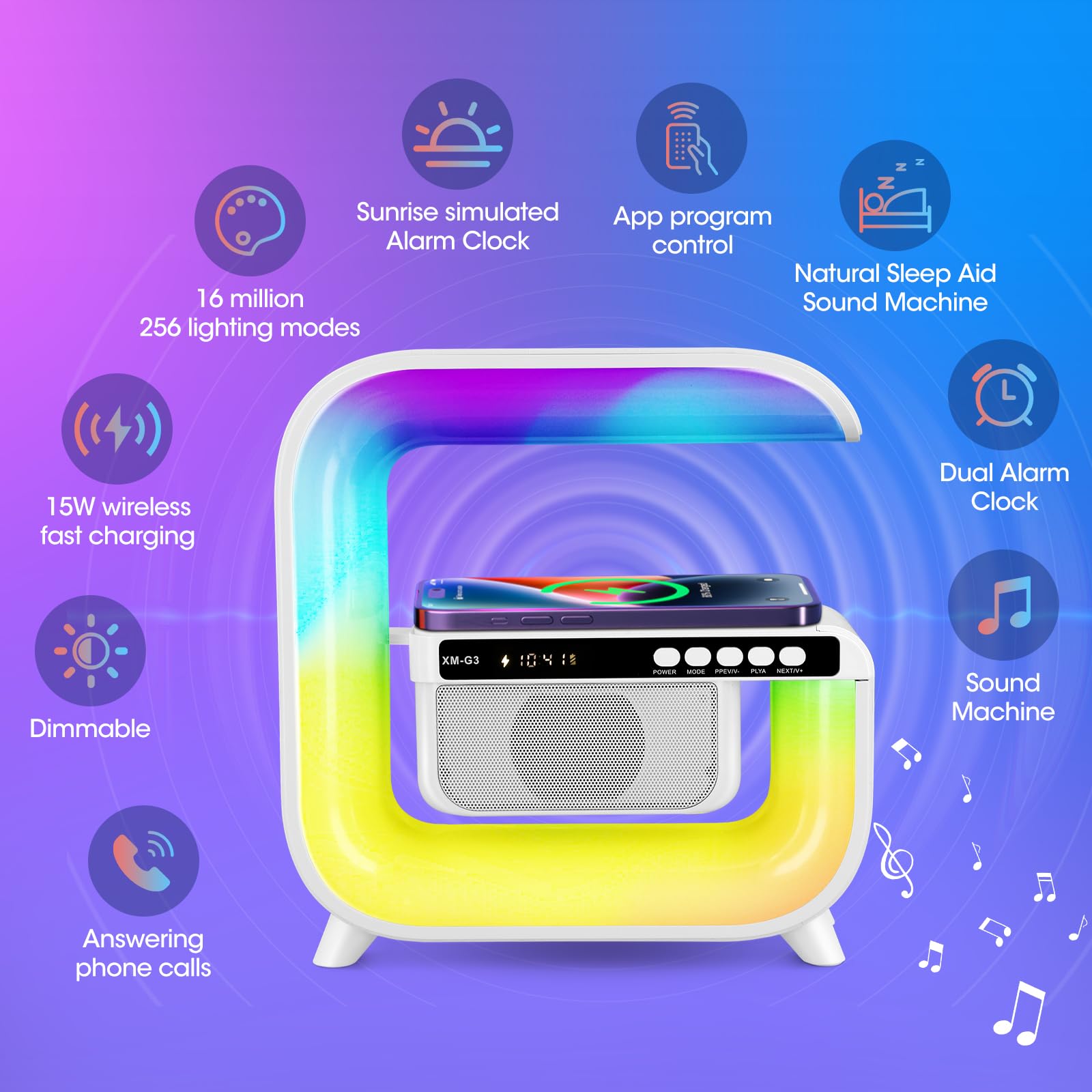Digital Clock with Bluetooth Speaker, 15W Wireless Charging, and RGB LED Lighting