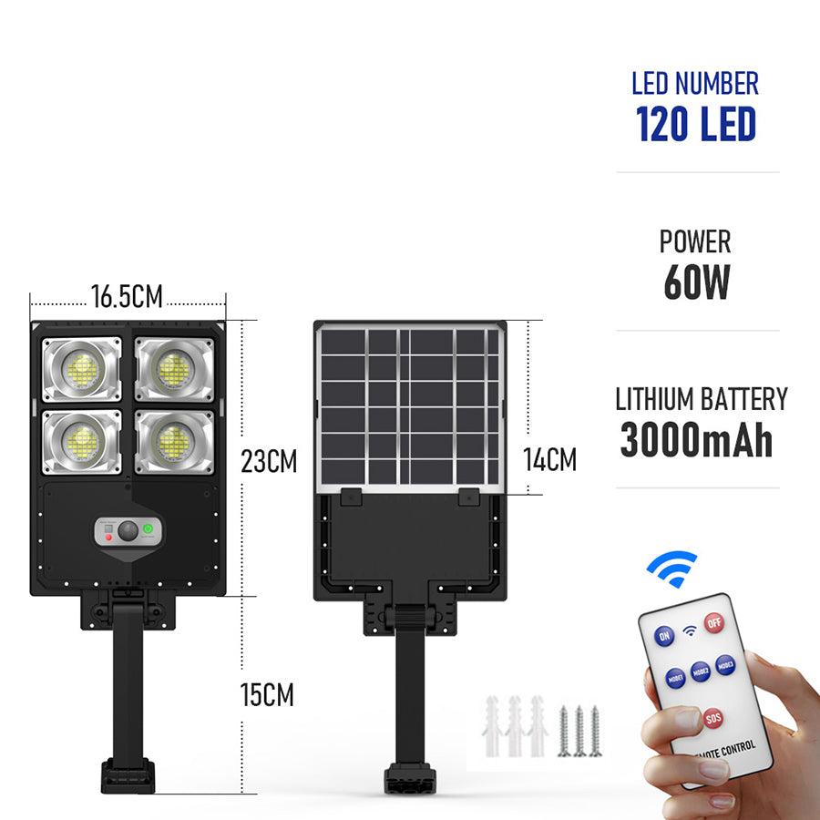60W Solar Street Light, 120 LED, Motion Sensor and Remote Control