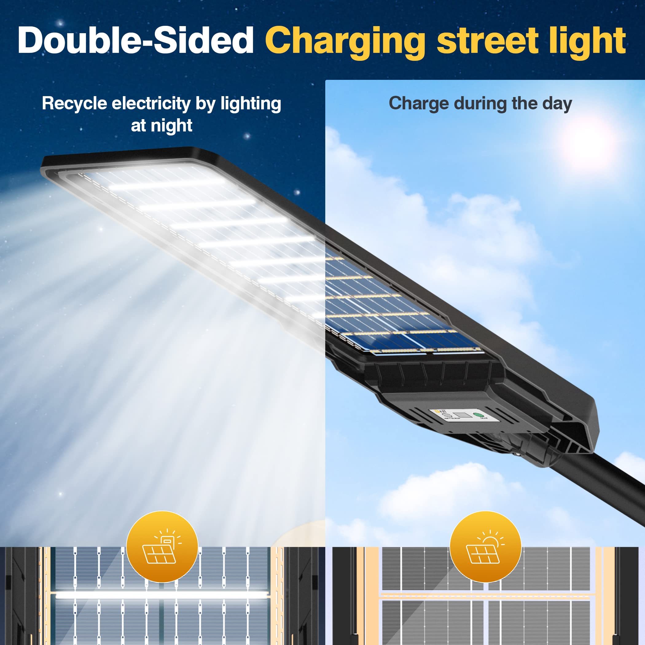 200W Solar Street Light, Bifacial Panel, Dual Charging, Sensor and Remote Control