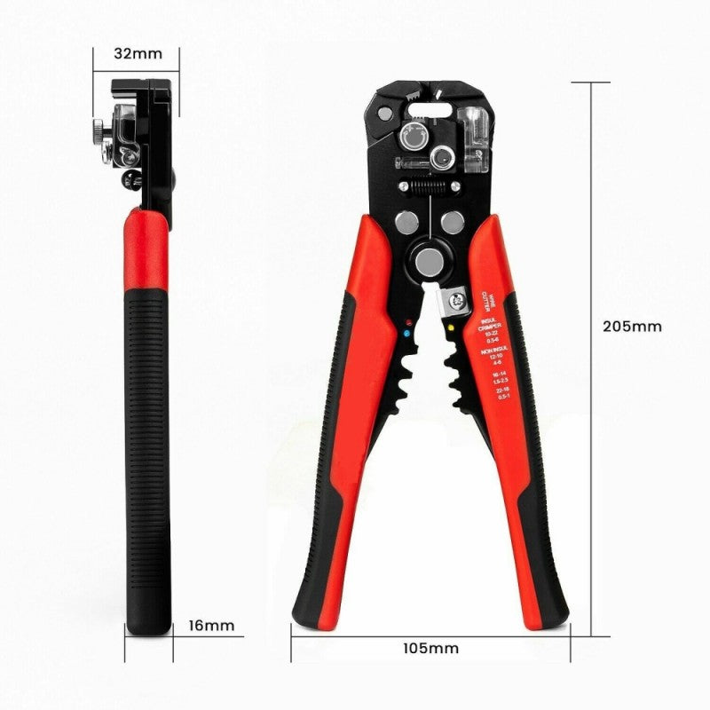 Cleste de sertizat dimensiuni 205x105x32mm, compatibil fire 0.5-6 mm, vedere din fata si lateral