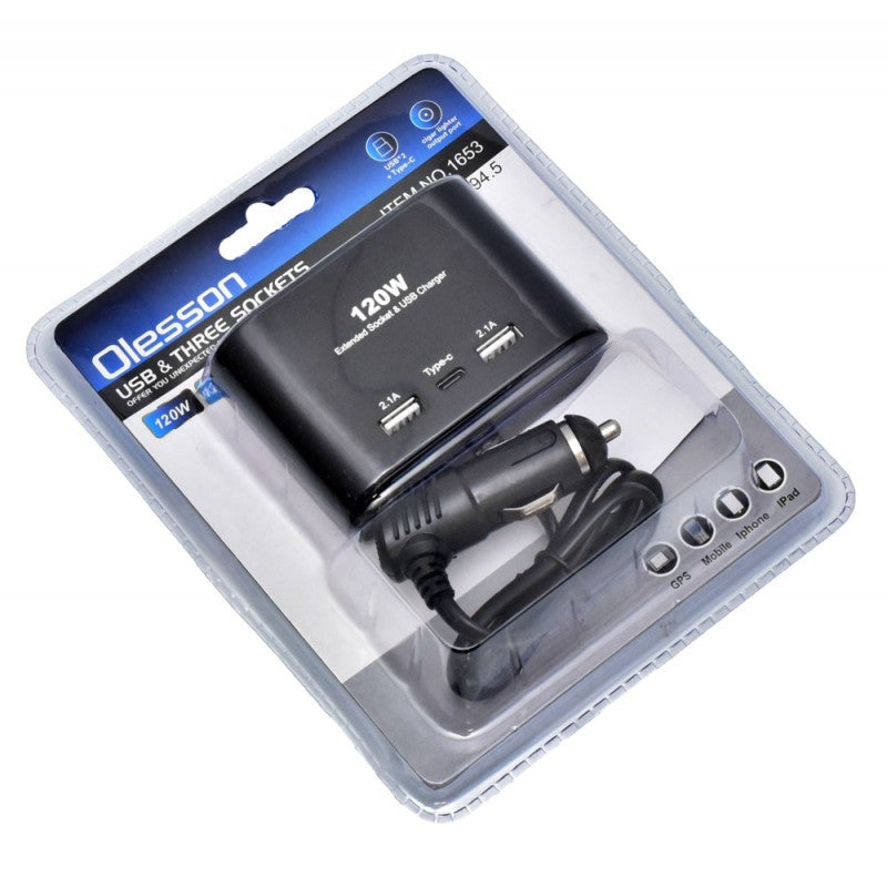 120W Car Splitter with 3 12/24V Sockets + 2 USB + 1 Type-C / NO-1653