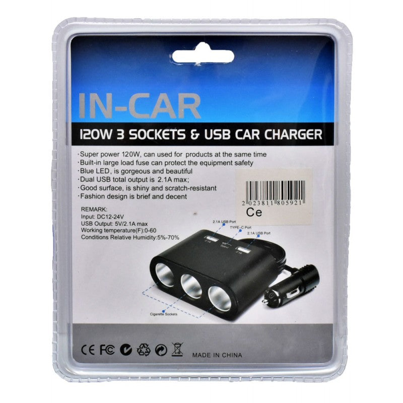 120W Car Splitter with 3 12/24V Sockets + 2 USB + 1 Type-C / NO-1653